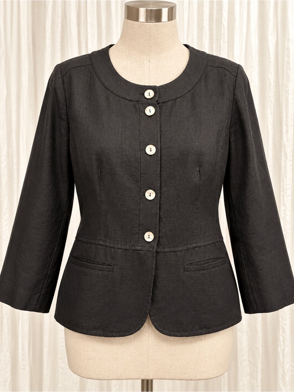 Covington Black Round-Neck Shell Button Front Linen Jacket